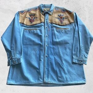 Shooter Shirt Large Pearl Snap Western Vintage Denim Pearl Snap Cowboy
